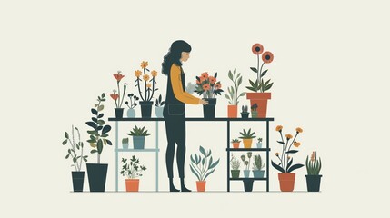 Flower arranger creating floral displays in studio with various plants and pots