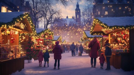 Fototapeta premium Festive Christmas Market with Illuminated Stalls and Snow