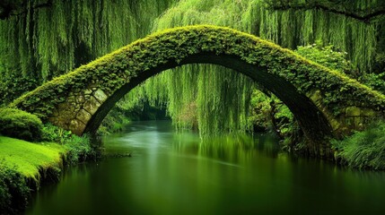 Fototapeta premium Ancient stone bridge covered in moss, arching over a slow-moving river, with weeping willows dipping branches into the water