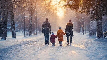 Family Walking in Snowy Winter Park at Sunset