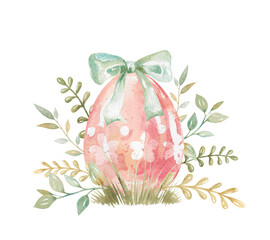 Red painted Easter egg surrounded by green branches and flowers hand-drawn watercolor illustration