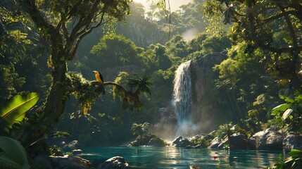 Fototapeta premium Serene tropical paradise with lush waterfall and vibrant jungle