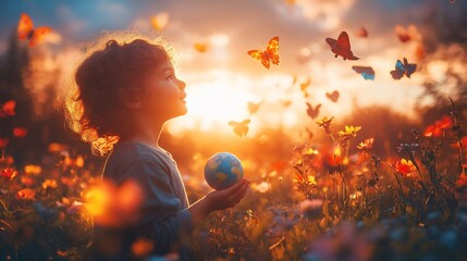Young child holds a globe in a field of wildflowers as butterflies fly around them at sunset.