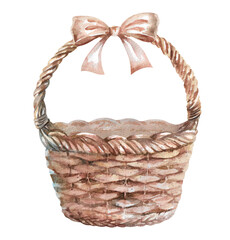 Brown wicker basket with handle. Hand-drawn watercolor illustration isolated on white background