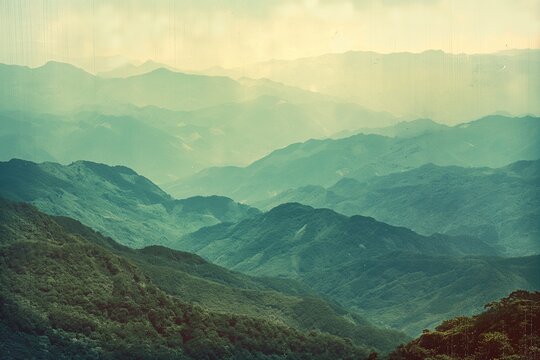 Vintage gum bichromate style mountain landscape with mist and soft light