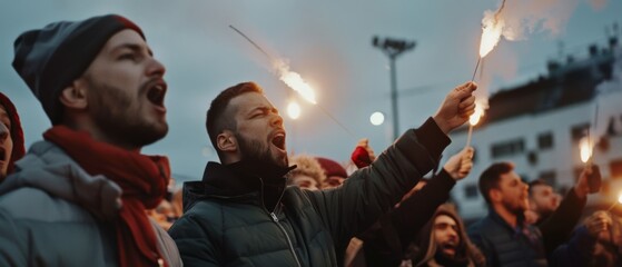 Obraz premium A passionate crowd raises flares, their faces lit with fervor against the evening sky, creating a dynamic scene of unity and expression.