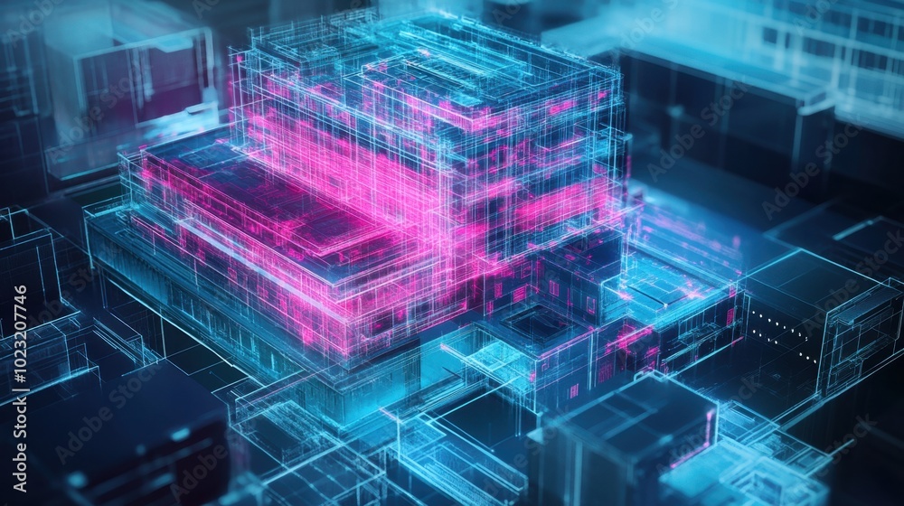 Poster building information modeling (bim) visualized with 3d structures and blueprint layers, concept for 