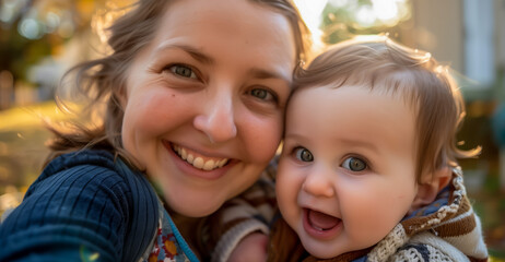 Fototapeta premium Happy mother and baby taking a joyful selfie outdoors
