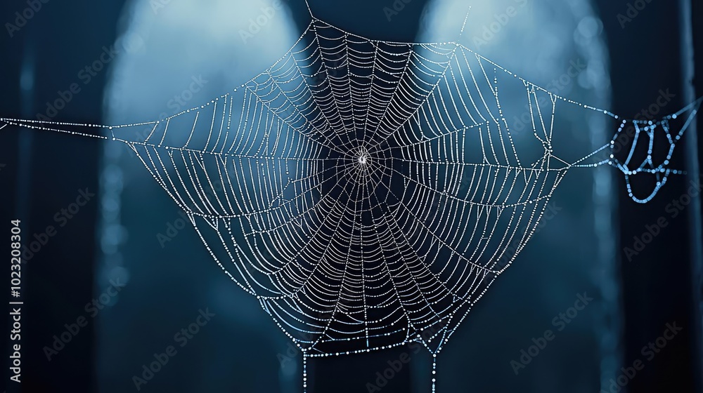 Poster a close-up of a delicate spider web glistening with dew, showcasing intricate designs against a dark