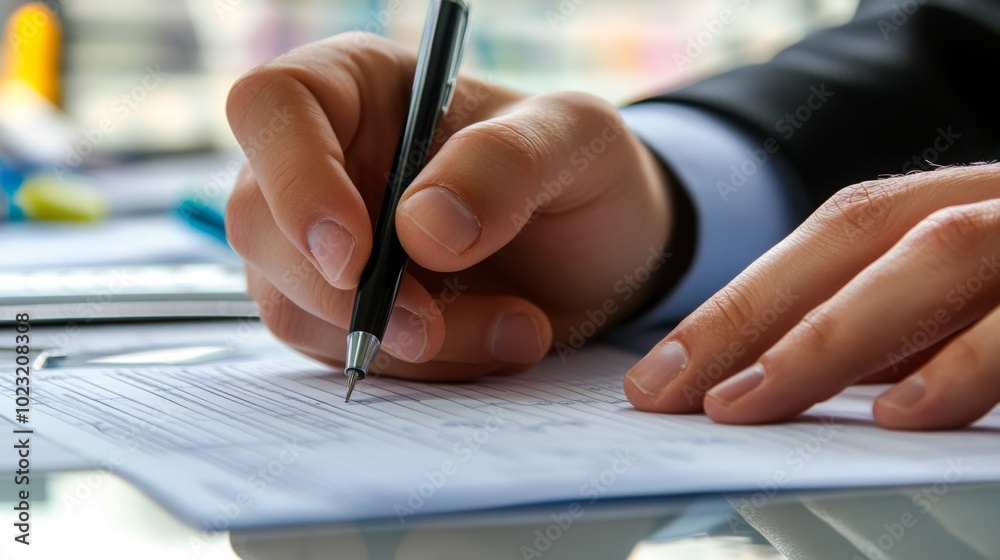Poster a person's hand writes with a pen on a sheet of paper, likely engaged in work or documentation in a 