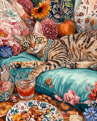 Contemporary Digital Illustration of a Stylish Cat Relaxing
