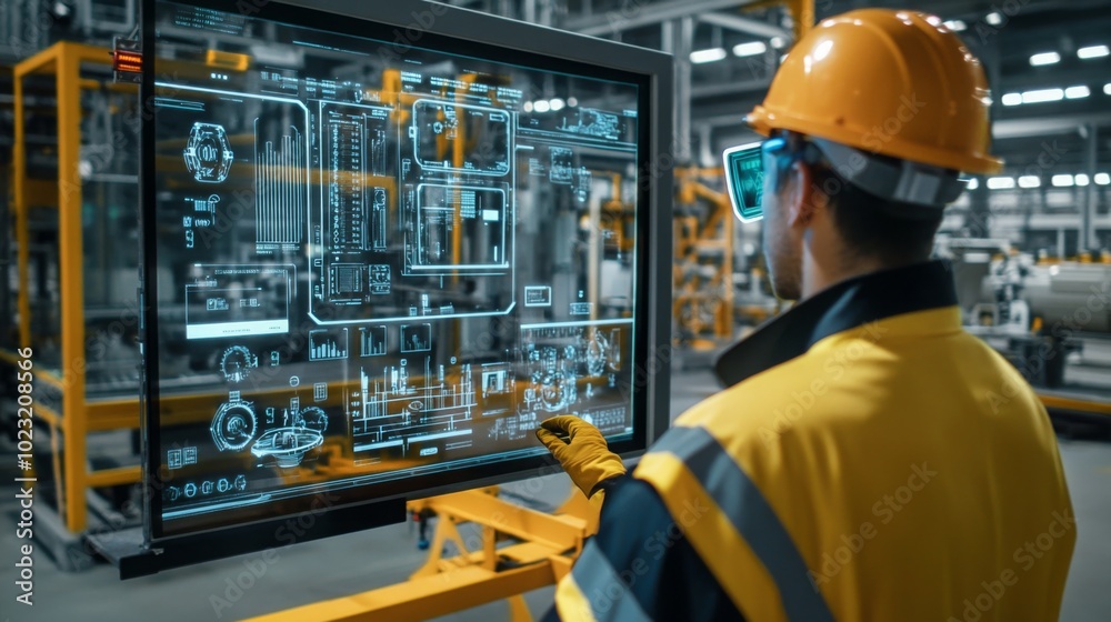 Aufkleber a worker in safety gear interacts with a high-tech digital display in a modern industrial environmen