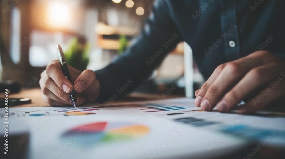 Poster A person writes notes and analyzes data on paper, with colorful charts and graphs, in a cozy workspace filled with natural light.