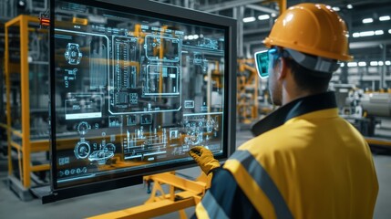 A worker in safety gear interacts with a high-tech digital display in a modern industrial environment.