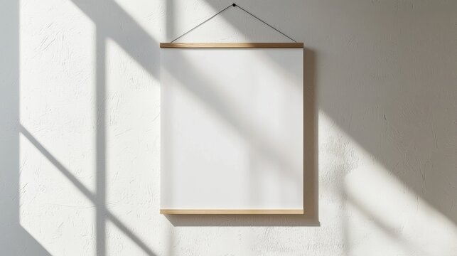 Minimalist White Canvas with Wooden Strips Hanging on Light-Colored Wall with Soft Diffused Lighting and Abstract Shadows