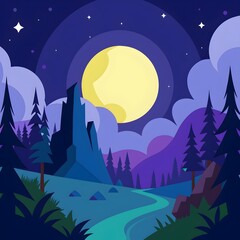 glowing moonlight shining over the enchanted dark forest at night