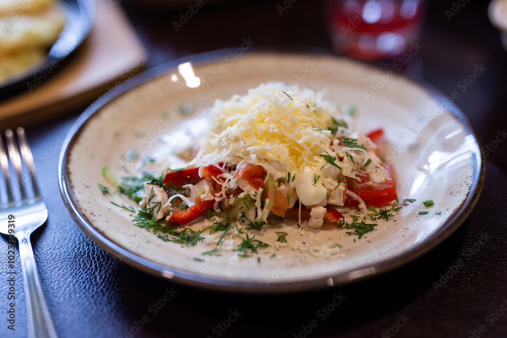 Wall mural Plate with with chicken, vegetables and grated cheese close up