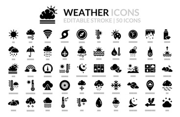 50 Outline Weather Icon Pack: Minimalist Line Icons for Forecast, Climate, and Seasons