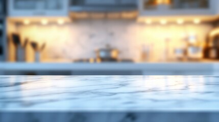 Clean white marble table top with bokeh lighting from a blurred kitchen, perfect for showcasing food products or appliances
