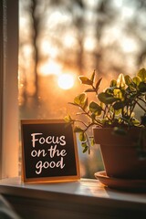 A handwritten quote "Focus on the good" on a card resting against a potted plant on a window ledge, with the sun rising in the background, symbolizing positivity and a fresh perspective. --ar 3:2 --qu
