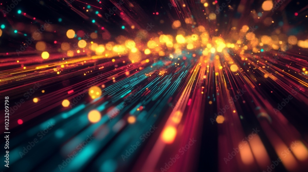 Aufkleber A vibrant, abstract representation of colorful light streaks and glowing particles creating a dynamic flow and energy effect.