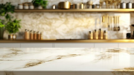 Clean white table on a gold marble shelf, blurred kitchen background with soft bokeh Ideal for elegant product display templates