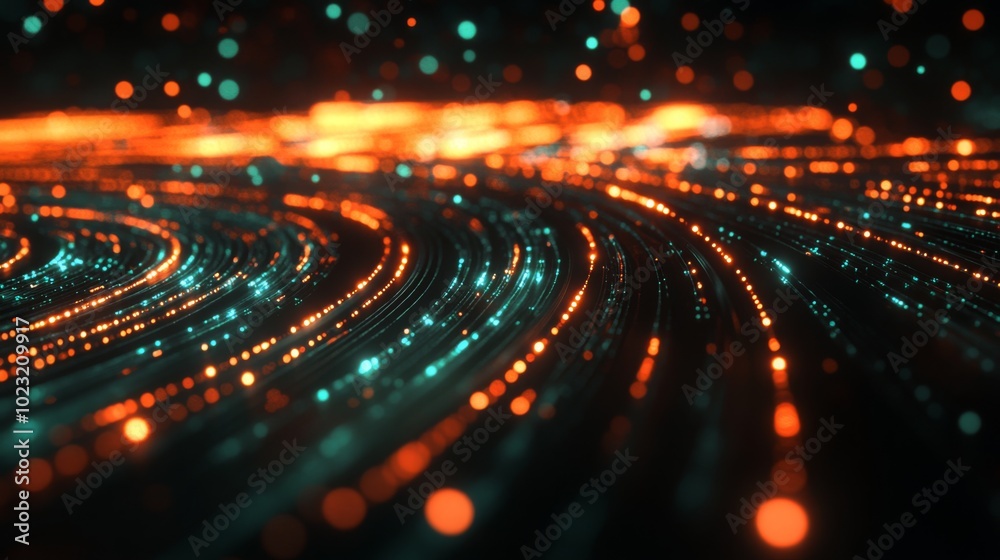 Poster a vibrant, abstract image of glowing particles and flowing lines in orange and teal, creating a dyna