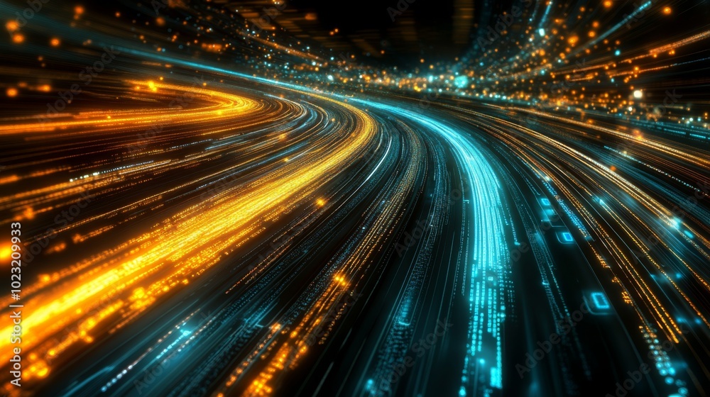 Poster A mesmerizing representation of a vibrant, illuminated pathway, showcasing a dynamic mix of orange and blue light trails in a dark backdrop.