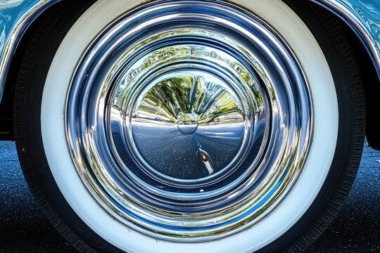 Close-up of a vintage car wheel with chrome hubcap and whitewall tire, isolated background.