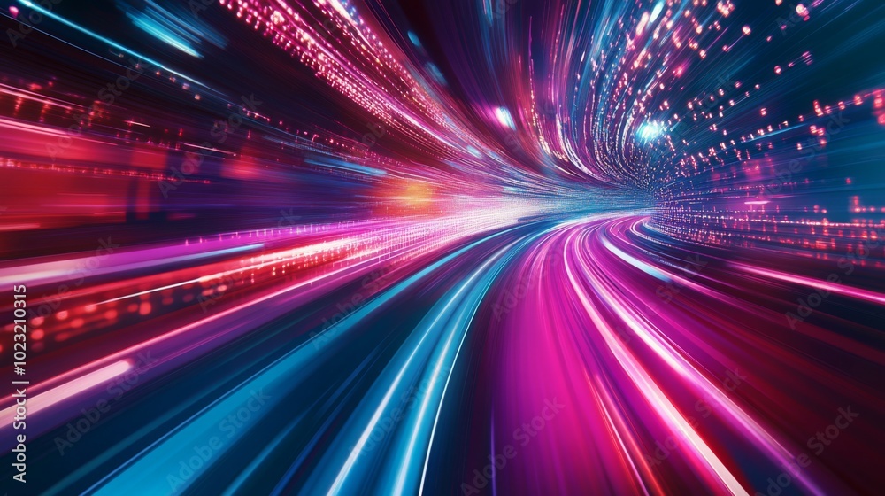 Poster a vibrant, abstract visualization of light trails in shades of blue and pink, suggesting speed and m
