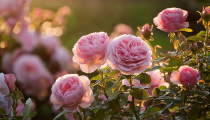 Beautiful pink roses blooming in the garden at sunset. Natural floral background.