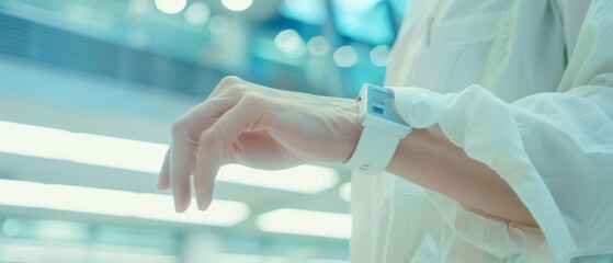 Fototapeta premium The graceful hand of a doctor adorned with an advanced health gadget, set against a luminous and modern backdrop.
