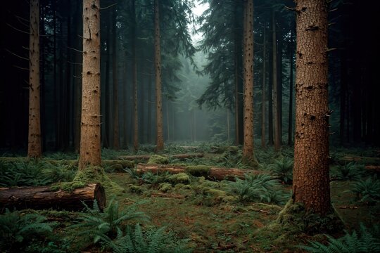 Mystical Forest with Tall Pines and Lush Greenery