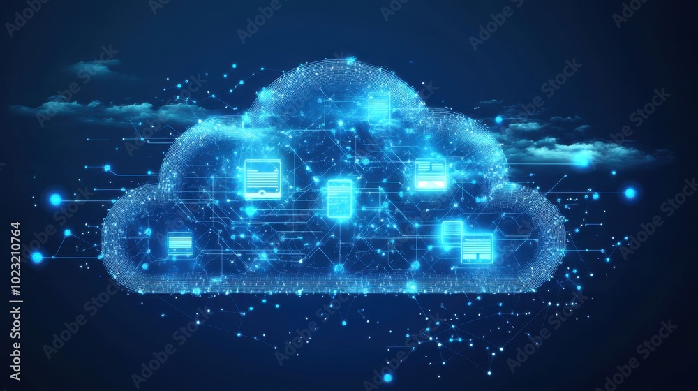 Poster cloud computing concept with smart city communication networks, wireless connections, and data flow 