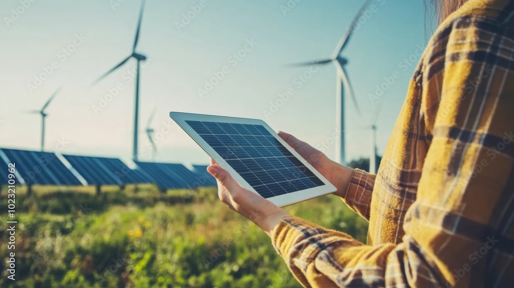 Aufkleber a person using a tablet in a field with wind turbines and solar panels, highlighting renewable energ