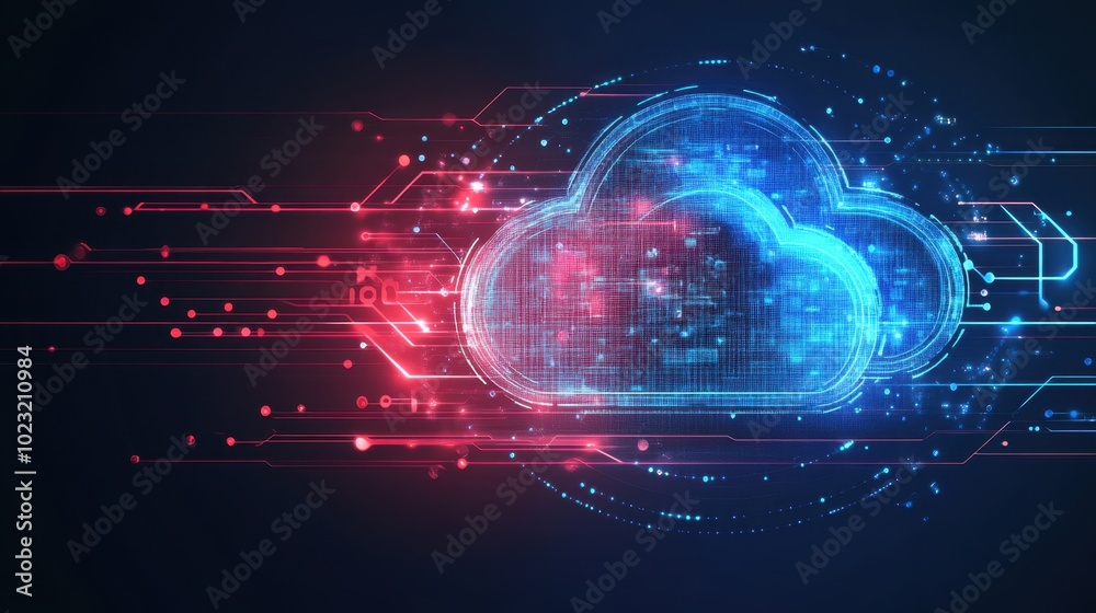 Poster cloud computing technology visualized with smart city communication networks, data flow and ai conne