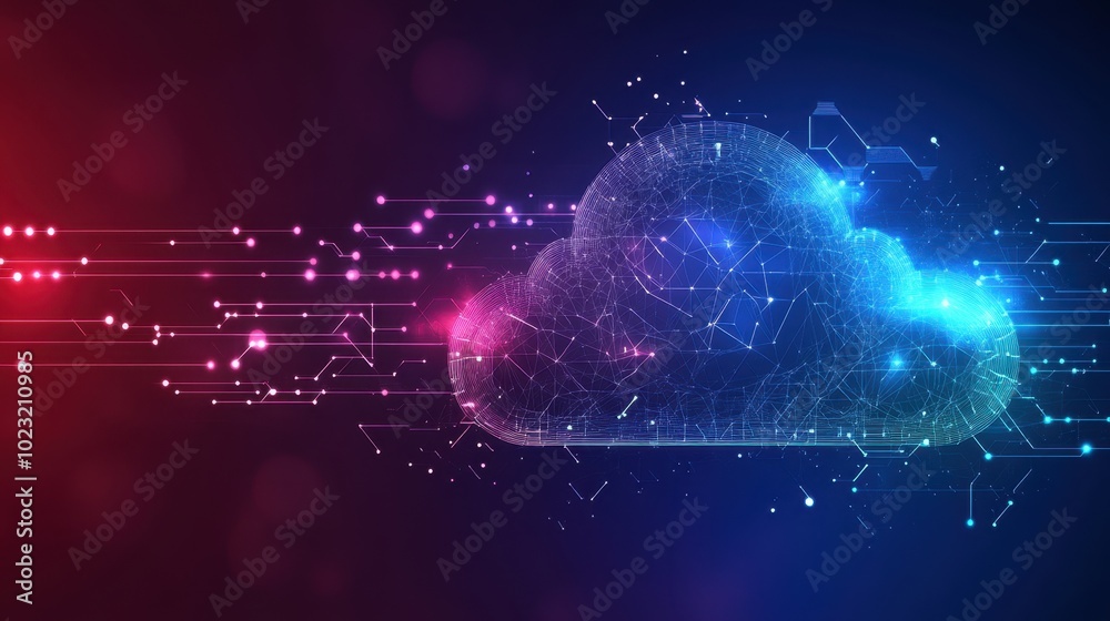 Poster cloud computing technology visualized with smart city communication networks, data flow and ai conne