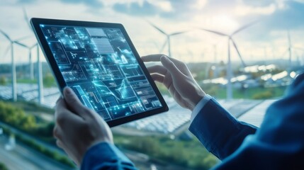 A person holding a tablet displaying digital data, set against a backdrop of wind turbines and a cloudy sky, symbolizing technology and renewable energy.