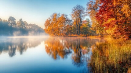 Fototapeta premium A peaceful autumn morning by a lake with fog rising and colorful trees reflected in the water, soft warm light