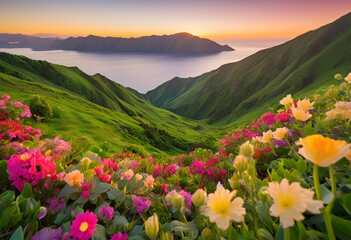 Fototapeta premium landscape, mountain, nature, sky, flowers, flower, field, meadow, summer, spring, grass, mountains, green, cloud, hill, flora, red, travel, clouds, poppy, outdoor, sunset, forest, rhododendron, yellow