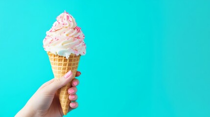 A hand holds a delicious ice cream cone topped with creamy swirl and colorful sprinkles against a bright turquoise background.