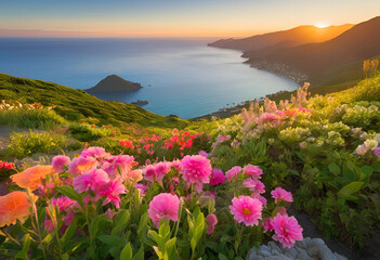Fototapeta premium landscape, lake, water, sky, sea, nature, mountain, mountains, coast, view, beach, travel, cloud, clouds, summer, grass, ocean, flower, rock, europe, green, tourism, beauty, hill, seascape