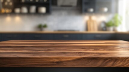 Dark walnut wood table with subtle kitchen lighting and bokeh effect in the background, providing a rich texture for a luxury mockup