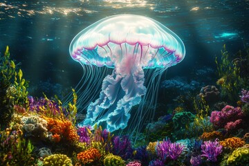 A vibrant jellyfish gliding through colorful coral reefs, showcasing the beauty of ocean life and underwater ecosystems