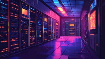 Digital network room with infrastructure towers, interconnected systems, and a robust web service design Futuristic tech vibes