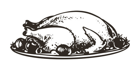 Hand drawn roast turkey in a plate with vegetables. Vector sketch of Christmas dish in engraving style. Baked chicken with vegetables on a plate for thanksgiving party. Linear ink drawing.