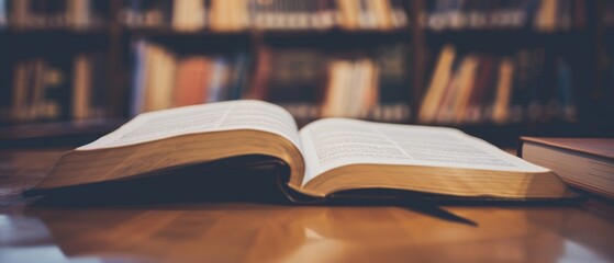 An open book lies on a wooden table in a library, its pages inviting exploration of knowledge amidst rows of blurred bookshelves.