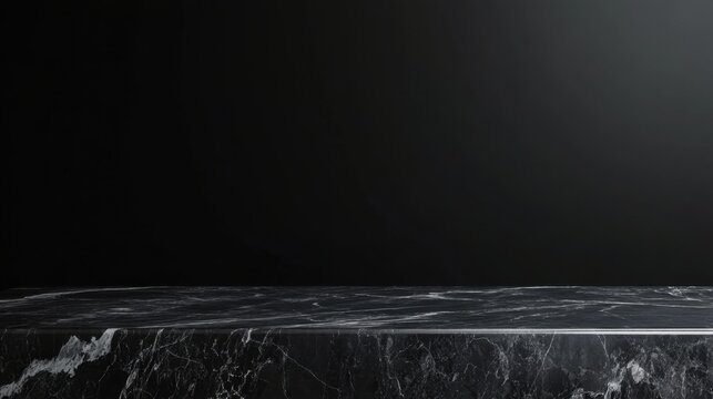 Elegant black marble counter with a deep black background, offering a sleek, minimalist setting for product mockups or ads