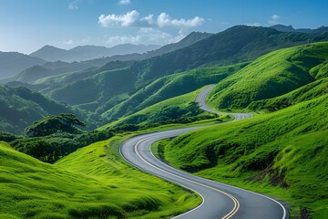 Naklejka premium Serene Winding Road Through Lush Green Hills Under a Clear Blue Sky