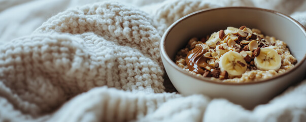 Fototapeta premium Bowl of healthy balanced diet oatmeal meal with chopped hazelnuts, peanut butter, cut banana slices and chocolate.